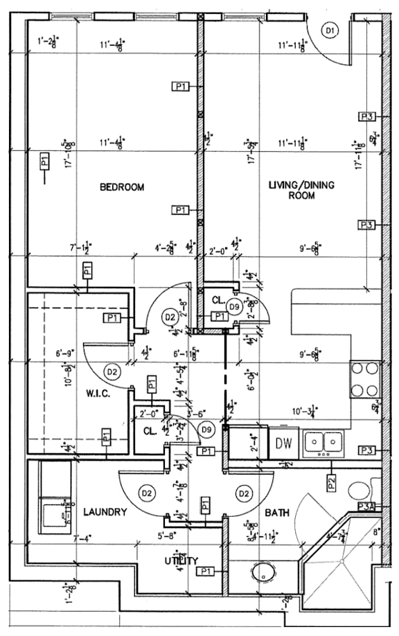 A floor plan of a house with labeled rooms such as Bedroom, Living/Dining Room, Bath, and Laundry.