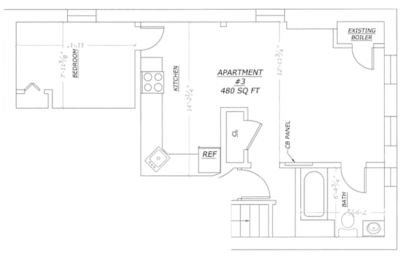 A floor plan of apartment #3 shows a 7'11" x 11' bedroom, a 14' x 14' kitchen, and a 12' x 14' living room.
