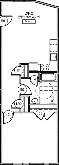 A floor plan of a one bedroom apartment labeled A-9.