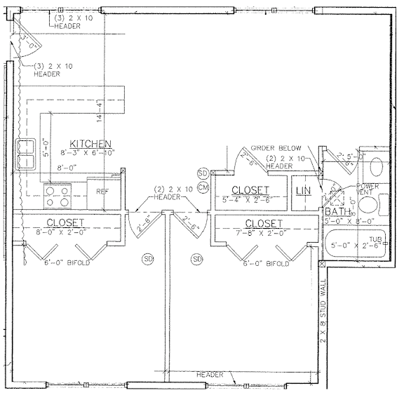 A black and white image of a floor plan for a kitchen and bathroom.