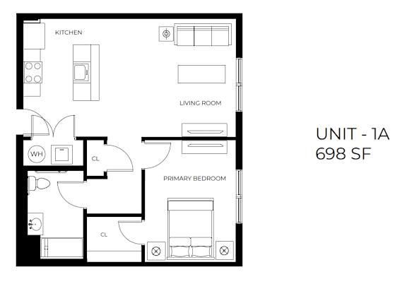 A black and white image of a floor plan for a 698 square foot unit.