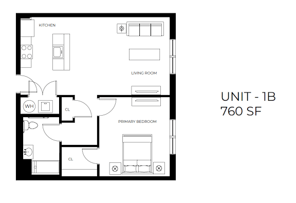 A black and white image of a floor plan for a 1 bedroom unit.