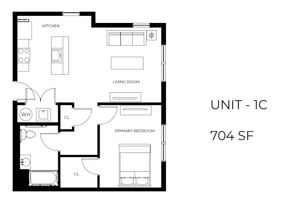 A black and white image of a floor plan for a 704 square foot unit.