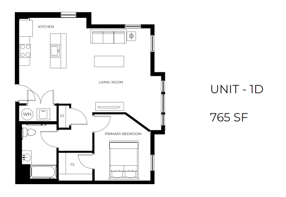 A black and white image of a floor plan for a 1-bedroom apartment.