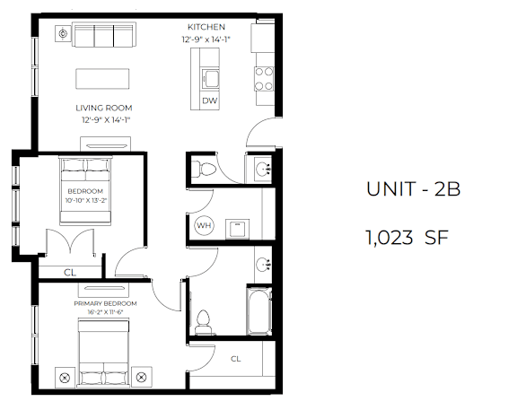 A black and white image of a floor plan for a 2 bedroom apartment.