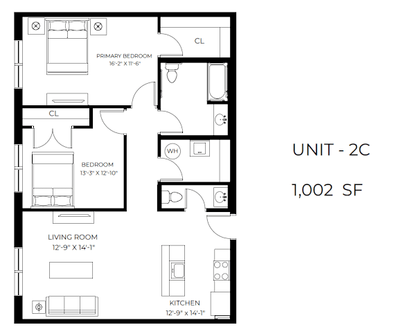 A floor plan of a 1,002 square foot unit, showing a living room, kitchen, bedroom, and bathroom.