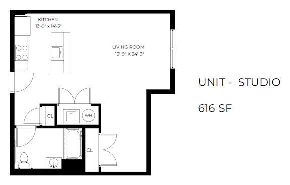 A floor plan of a studio apartment with a kitchen and living room.