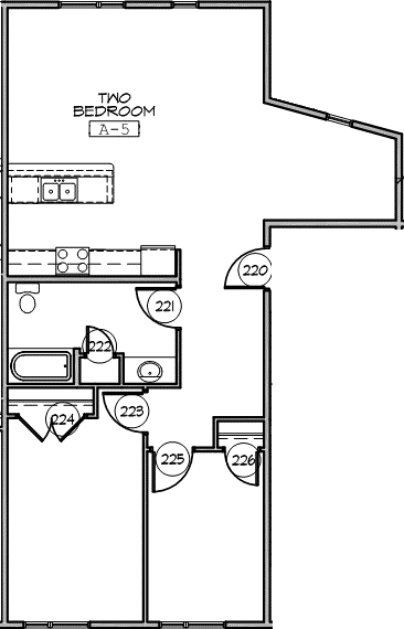 A floor plan of a two bedroom apartment with rooms numbered 220, 221, 222, 223, 224, 225, and 226.