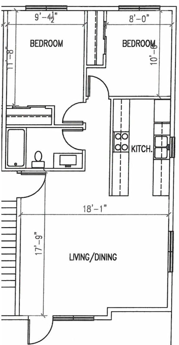 Floor Plan  A floor plan of a small apartment with two bedrooms, a living/dining area, and a kitchen.