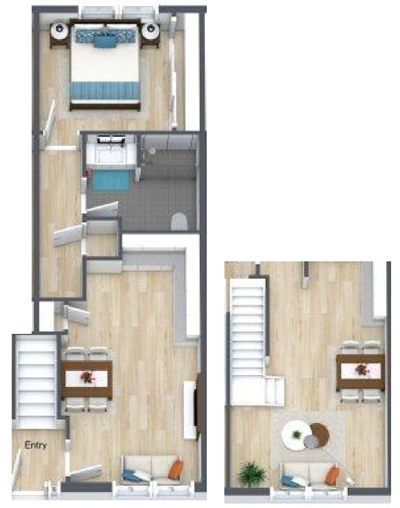 A floor plan of a two-bedroom apartment with a living room and a kitchen.