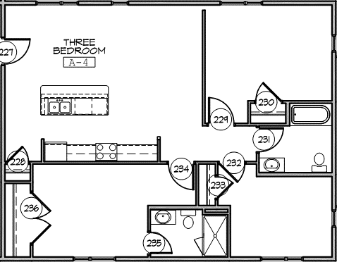 A black and white image of a three bedroom apartment layout.