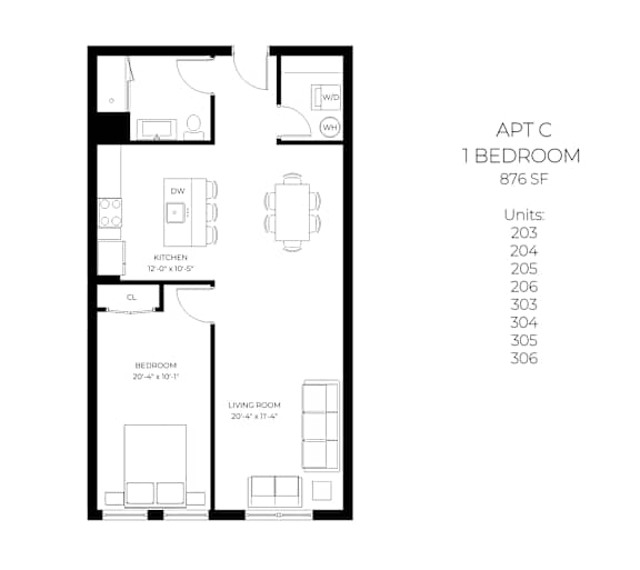 A floor plan for an apartment with one bedroom, kitchen, and living room.