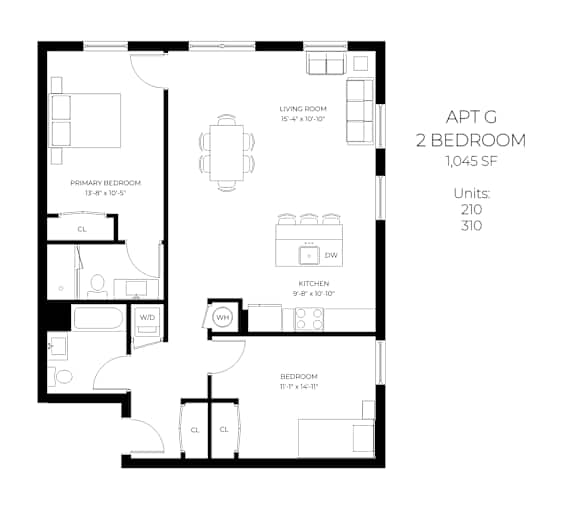 A floor plan of a 2 bedroom apartment with a living room, kitchen, and bathroom.