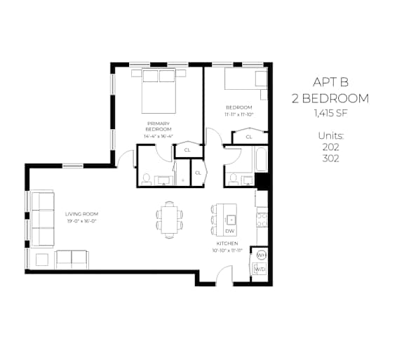 A floor plan for an apartment with two bedrooms.