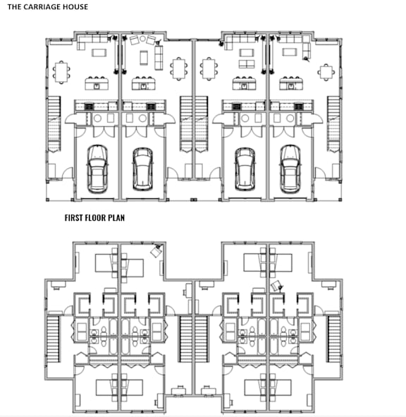 A diagram of a carriage house with a first floor plan.