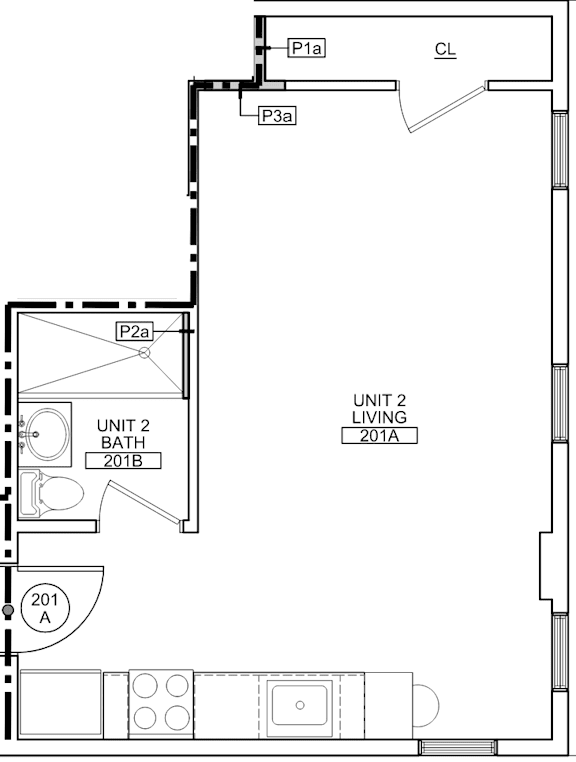 A floor plan of a living unit with a bathroom and a kitchen.