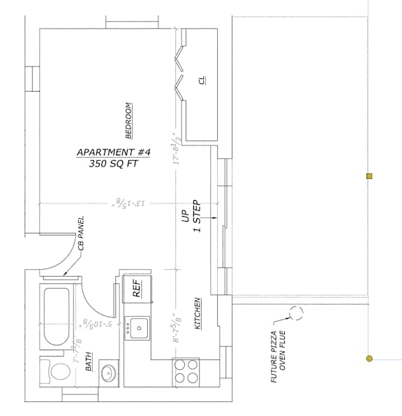 Apartment floor plan with a bedroom, bathroom, kitchen, and pizza oven.
