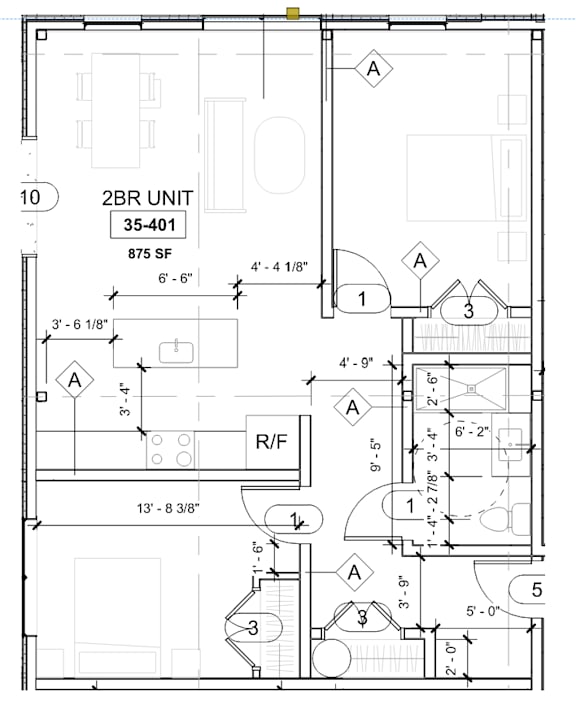 A floor plan of a 2BR unit measuring 35-401 square feet with dimensions and room labels.