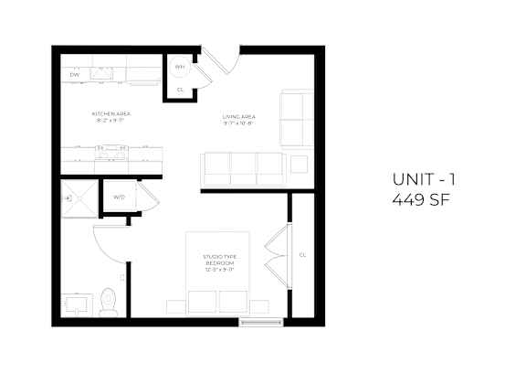 A black and white image of a floor plan for a 449 square foot unit.