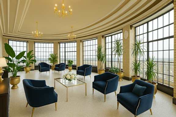 A large room with blue chairs and a glass coffee table.