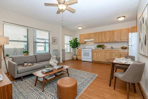 A living room with a grey couch, a wooden coffee table, and a ceiling fan.