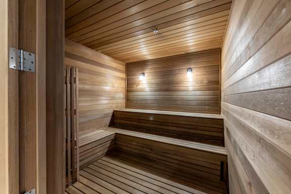 A wooden sauna at Palma, Doral, FL
