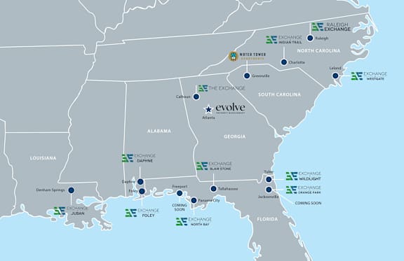 A map of the United States showing the locations of various Exchange stores.