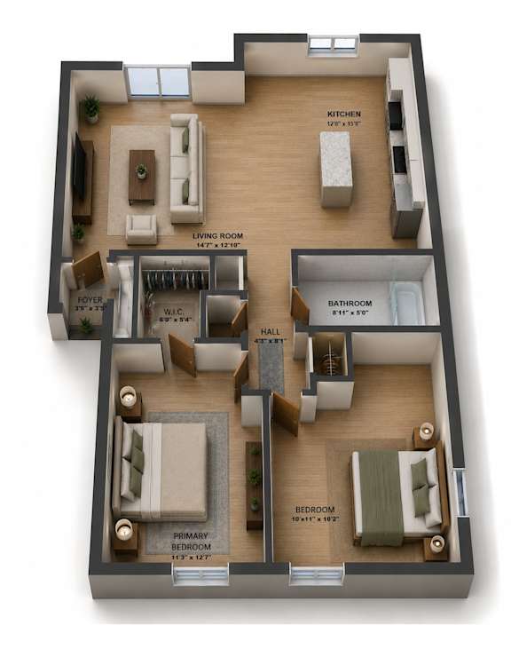 A 3D floor plan of a house with labeled rooms.