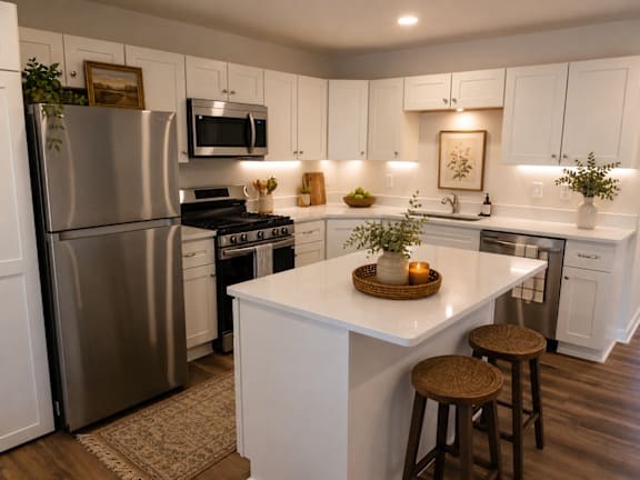 A modern kitchen with white cabinets and a central island.