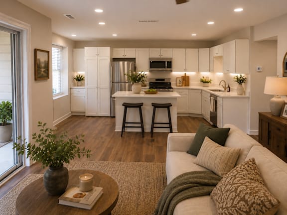 A modern living room with a white sofa and a coffee table with a plant and a book on it.