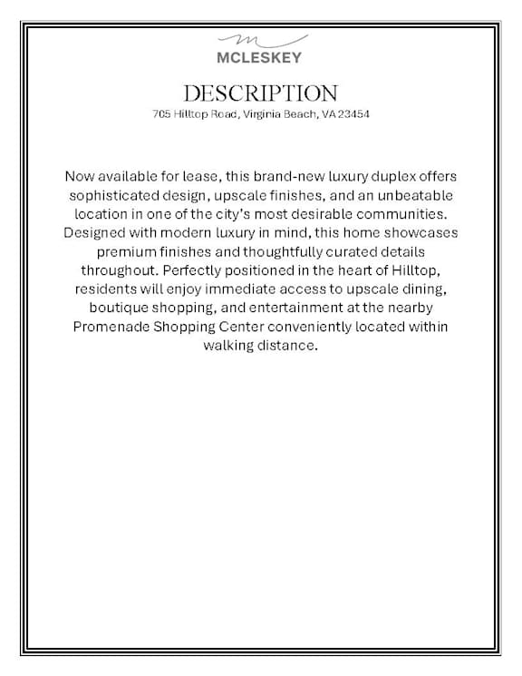 A description of a McLessy property located at 705 Hilltop Road, Virginia Beach, VA 23454.