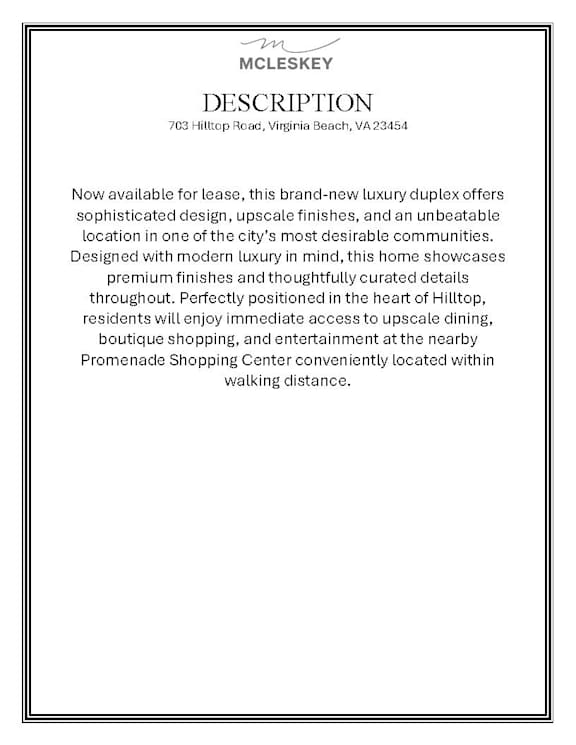 A description of a McLessy property located at 703 Hilltop Road, Virginia Beach, VA 23454.