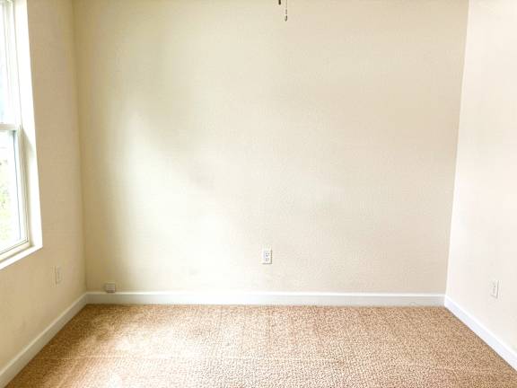 A room with a carpeted floor and a window letting in sunlight.