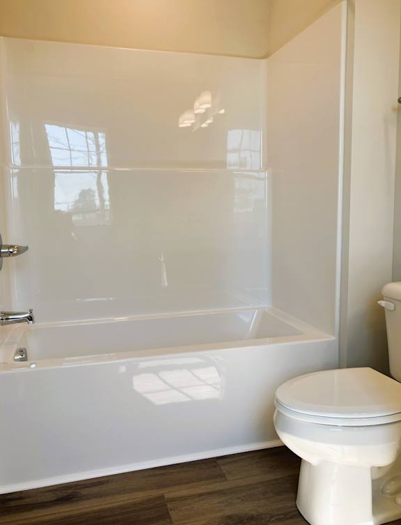 A white toilet sits next to a bathtub in a bathroom.