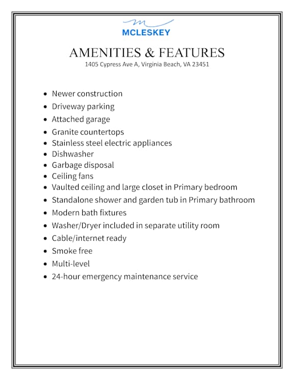 A list of amenities and features for a Mcleskey property.