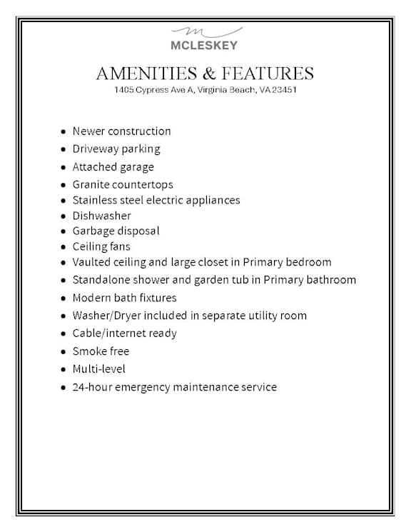 A list of amenities and features for a Mcleskey property.