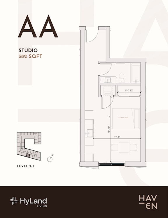 Studio   1  Bath   381 Sq. Ft. AA Type Floor Plan at Haven, Vancouver, BC V6T 1Z3