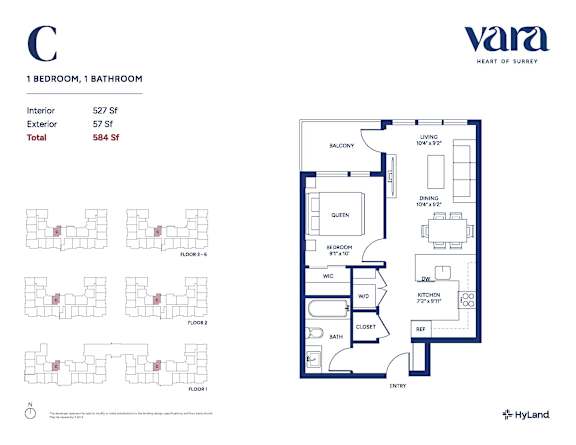 A floor plan for a Vara Heart of Surrey property showing a living room, dining room, kitchen, bathroom, and balcony.