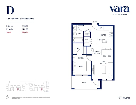 A floor plan for a property by VARA HEART OF SURREY shows a 1 bedroom, 1 bathroom apartment.