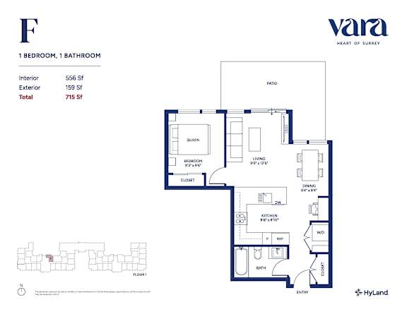 A floor plan for a one bedroom, one bathroom apartment.