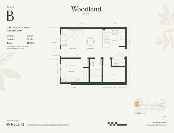 Floor Plan  1  Bed   1  Bath   670 Sq. Ft. Floor Plan B at Woodland Place Apartments, Langford, BC