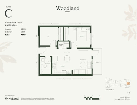Floor Plan  1  Bed   1  Bath   654 Sq. Ft. Floor Plan C at Woodland Place Apartments, Langford, L4H 3P6