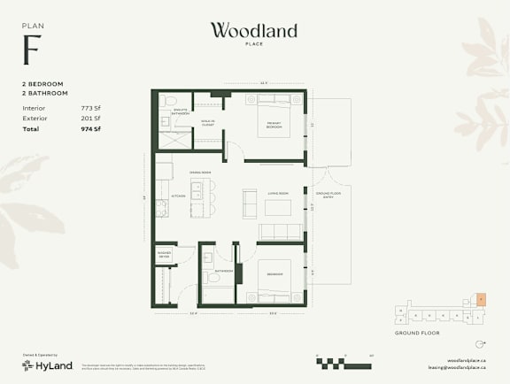 A floor plan for a Woodland Place by HyLand shows a 2 bedroom, 2 bathroom layout with a total area of 974 square feet.