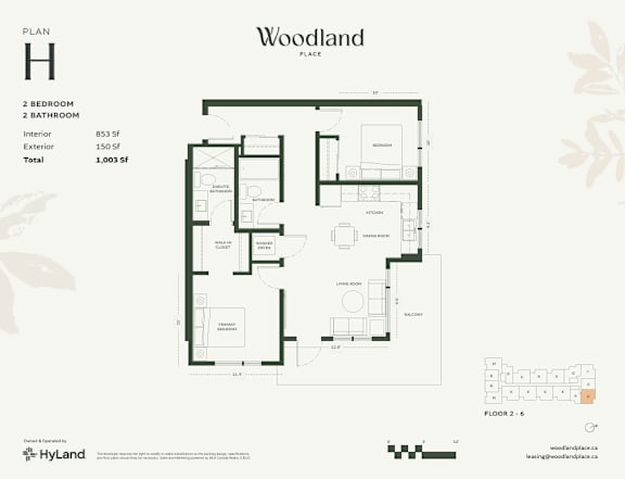 2  Bed   2  Bath   853 Sq. Ft. Floor Plan H at Woodland Place Apartments, British Columbia, L4H 3P6