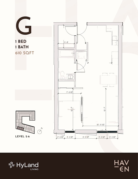 A floor plan for a one bedroom, one bathroom apartment of 610 square feet.