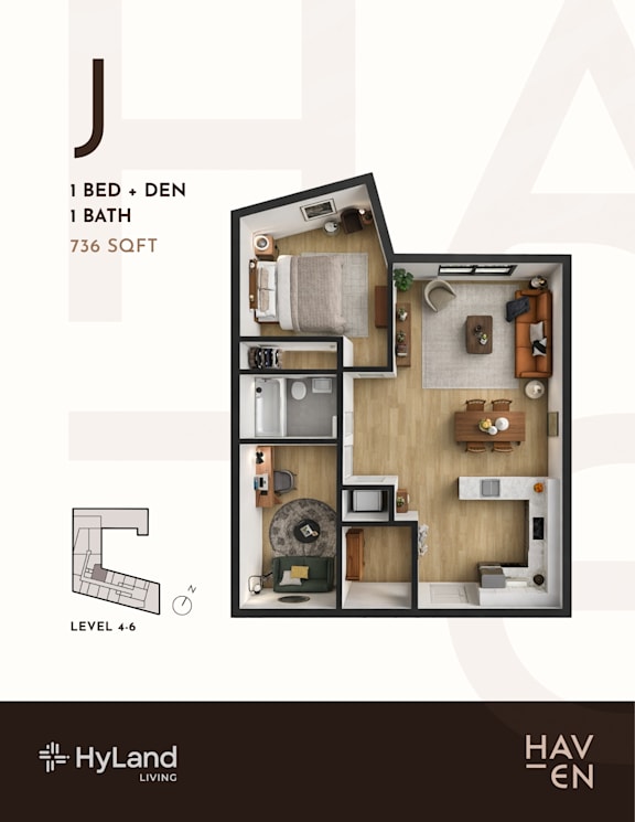 1  Bed   1  Bath   733-to737 Sq. Ft. J Type Floor Plan at Haven, Vancouver, BC V6T 1Z3
