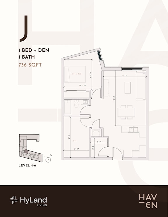A floor plan for a 1 bedroom, 1 bathroom apartment sized at 736 square feet.