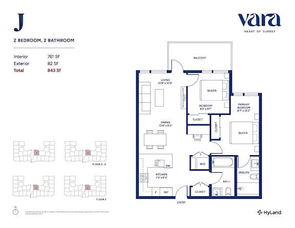 A floor plan for a property by VARA HEART OF SURREY shows a 2 bedroom, 2 bathroom apartment.