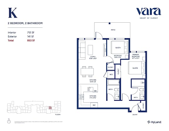A floor plan for a property with two bedrooms and two bathrooms.