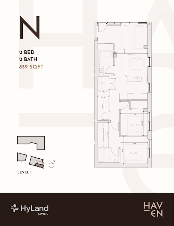 A floor plan for a one bedroom, one bathroom apartment of 859 square feet.